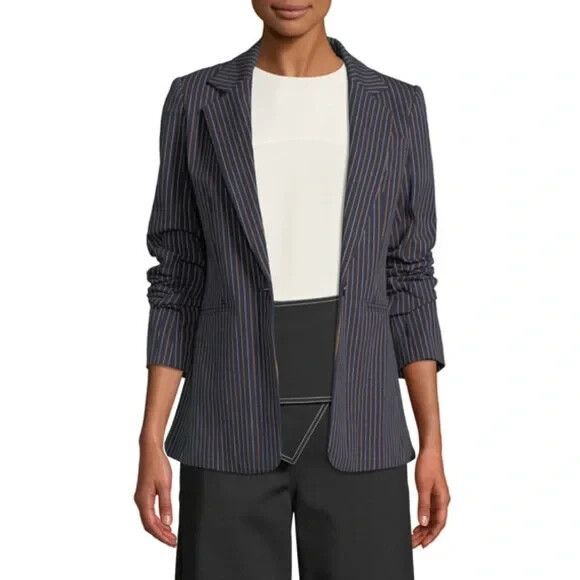 Derek Lam 10 Crosby Power Stripe Blazer Pleated Navy Blue Yellow Structured Sz 8 - Picture 13 of 14